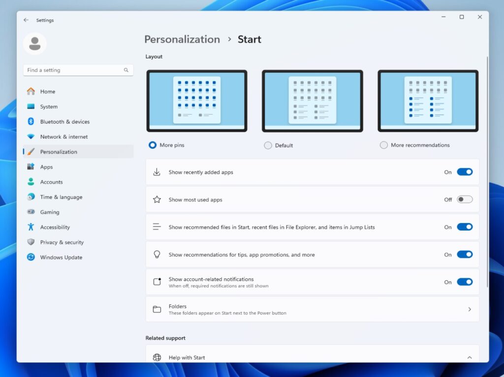 Start menu personalization settings