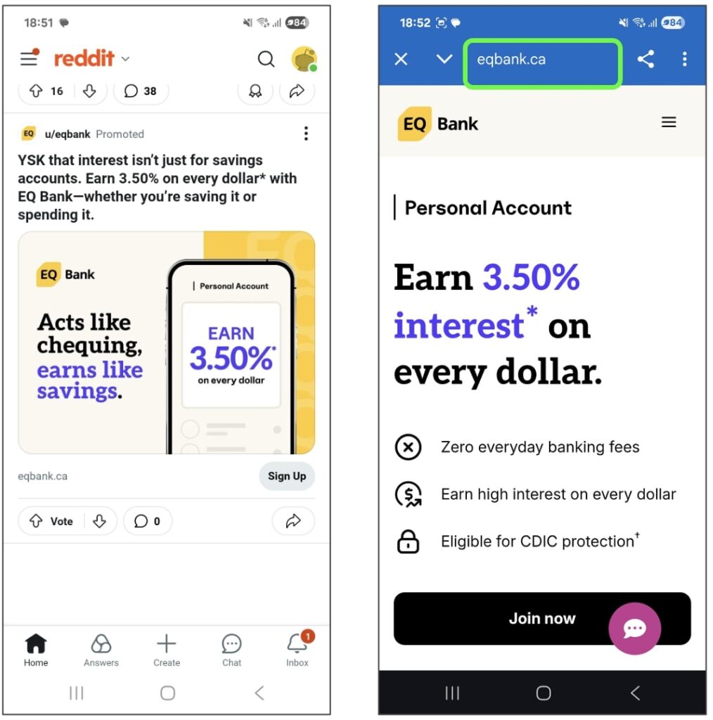 A legitimate EQ Bank ad seen on Reddit