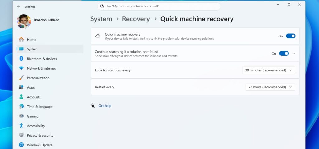 Quick machine recovery settings (Microsoft)