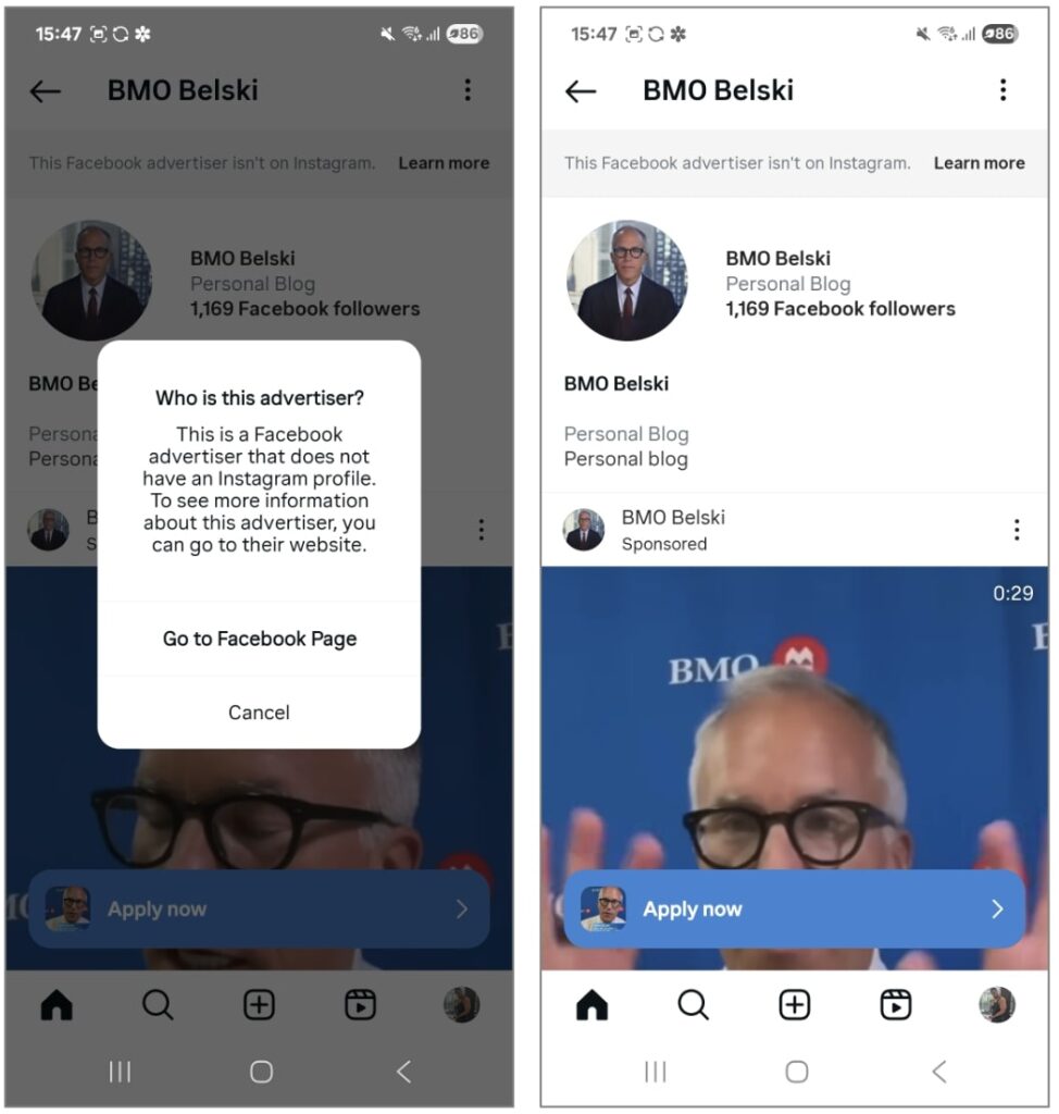 'BMO Belski' has no Instagram presence