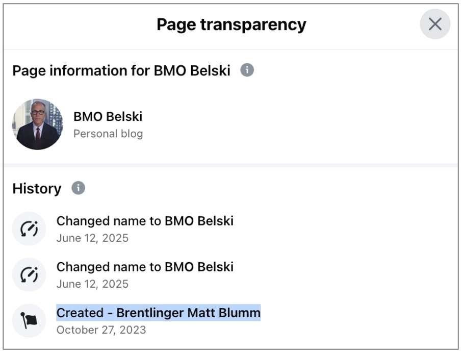 'BMO Belski' Facebook page was previously titled 'Brentlinger Matt Blumm'