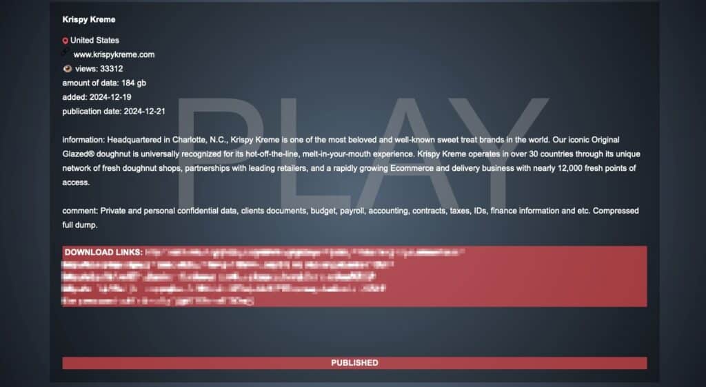 Krispy Kreme entry on Play ransomware's leak site