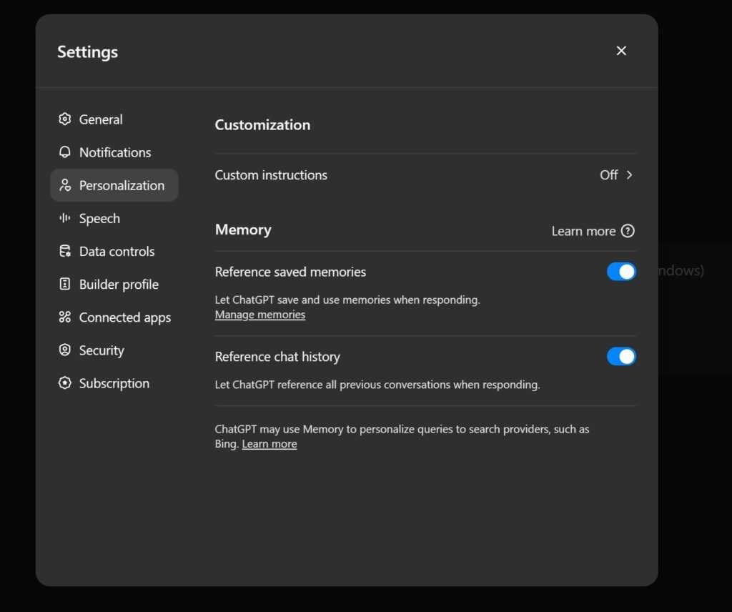 Toggle off ChatGPT Memory or "Reference chat history" feature from Settings