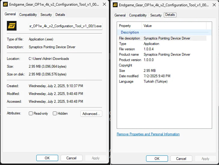 Properties of the trojanized installer