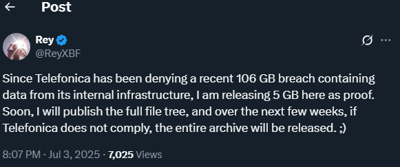 Threat actor announces Telefónica leak of 106GB