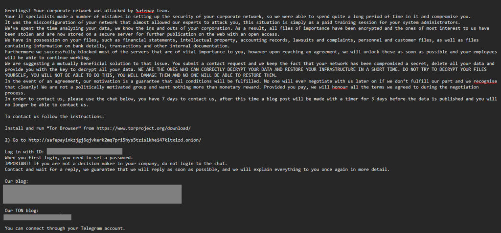 SafePay ransom note found on Ingram Micro devices