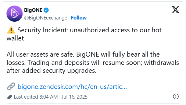 BigONE announces unauthorized access to hot wallet