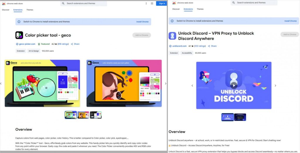 Two of the Chrome extensions featuring tracking code
