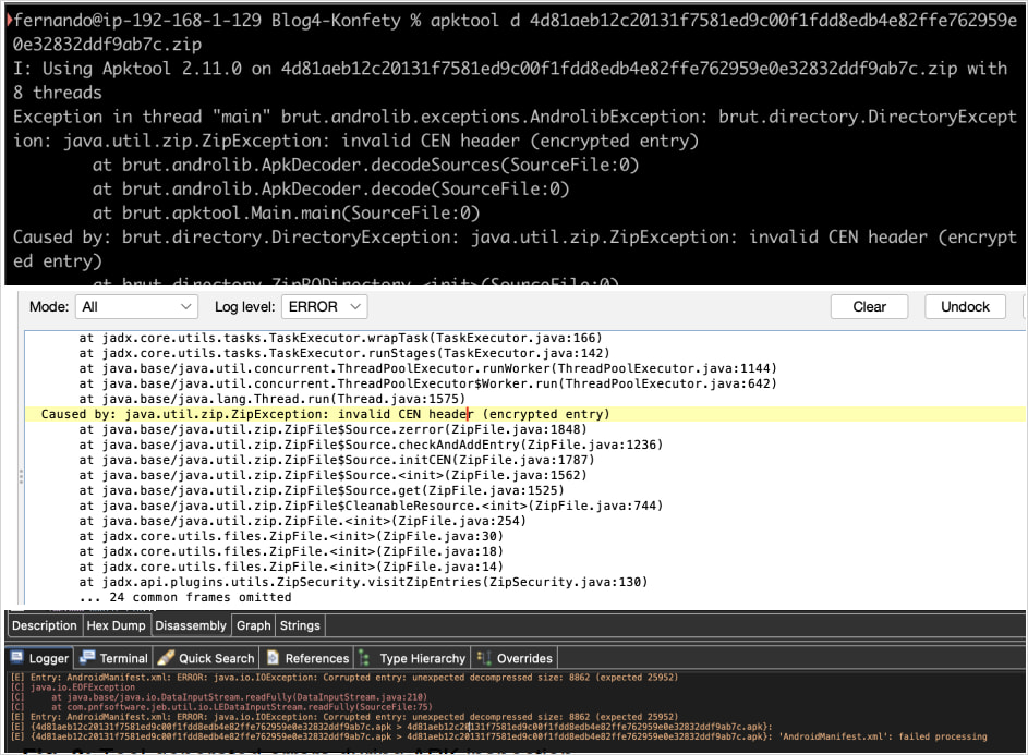 Analysis tools crashing when trying to parse the malicious APK