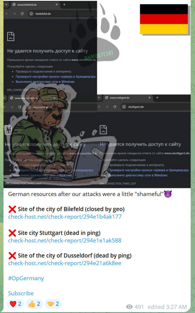 NoName057(16) announcing an attack on Telegram