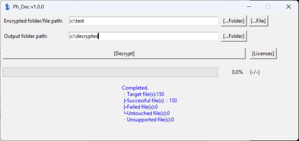 Decryptor successfully decrypting all files in the folder