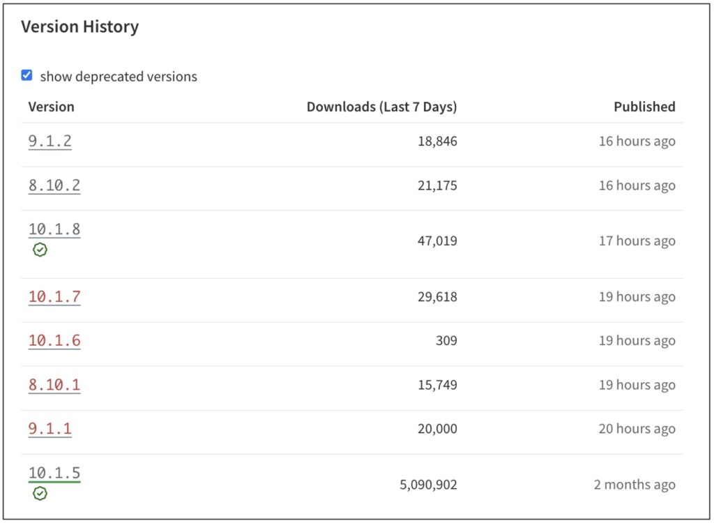 Compromised versions marked deprecated on npmjs