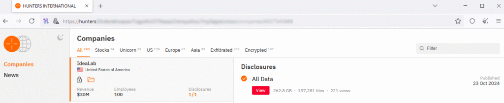 IdeaLab data leaked on the Hunters International website