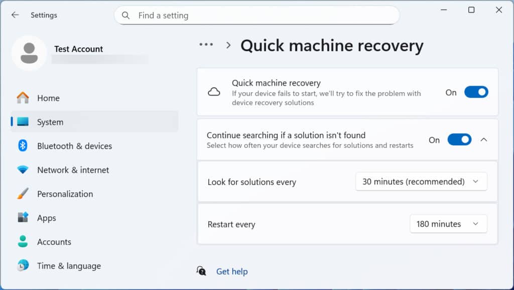 Quick Machine Recovery settings