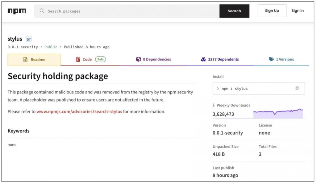 All versions of 'stylus' removed and replaced with a 'security placeholder' page