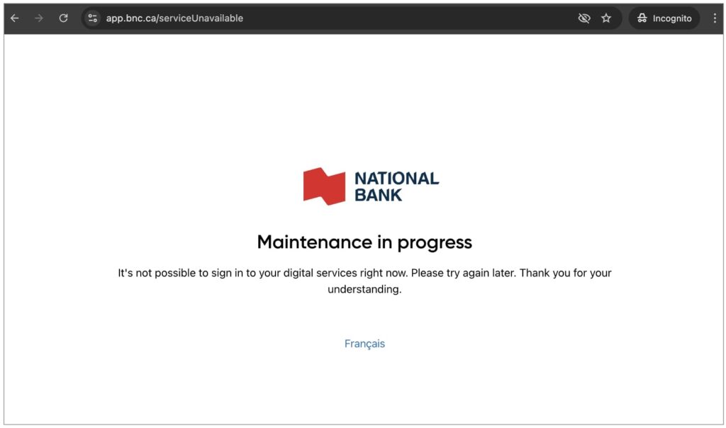 National Bank of Canada website showing maintenance message