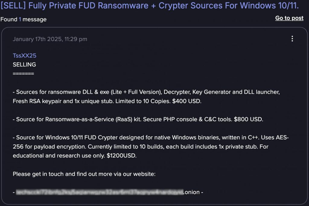 Sale of ransomware components Claude created