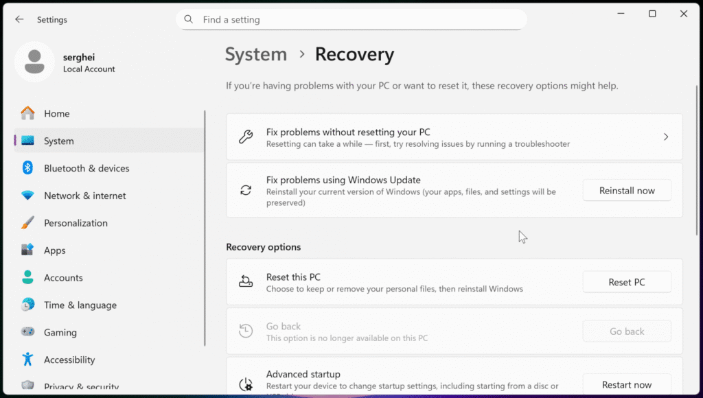 Windows recovery options