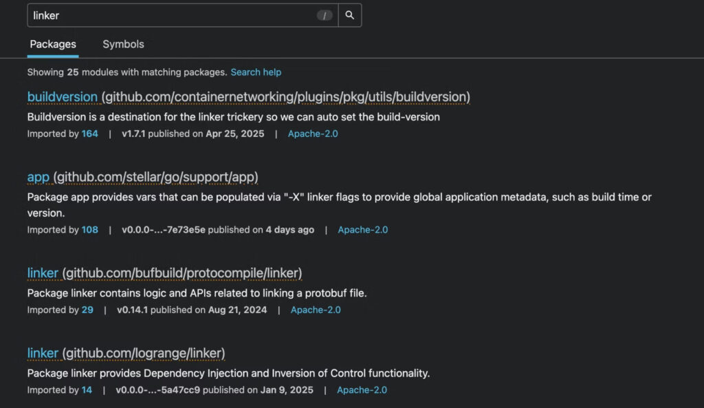 Search results containing links to a malicious package