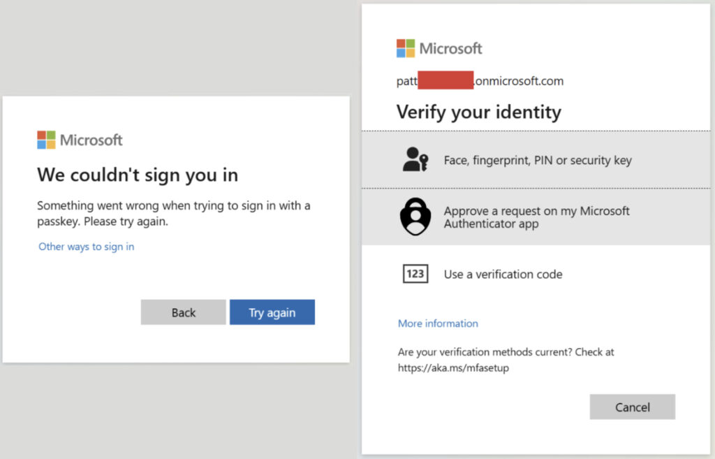 Login error (left) and fallback options (right)