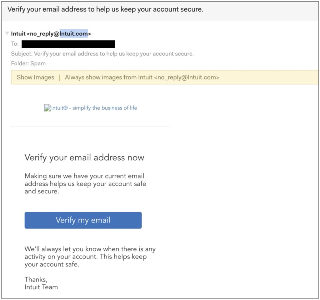 Intuit phishing email on desktop