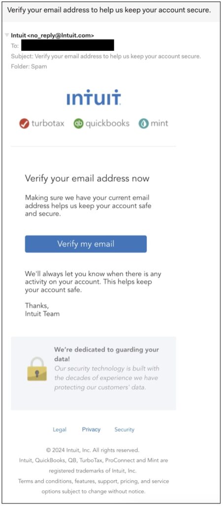 How Intuit phishing email appears on mobile