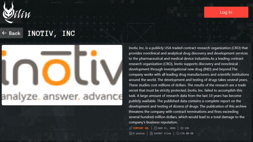 Inotive listed on the Qilin ransomware website