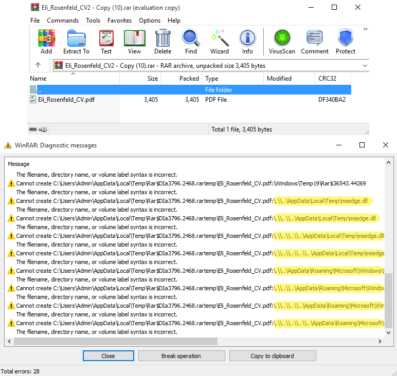 Malicious RAR archive (top) and errors during decompression (bottom)