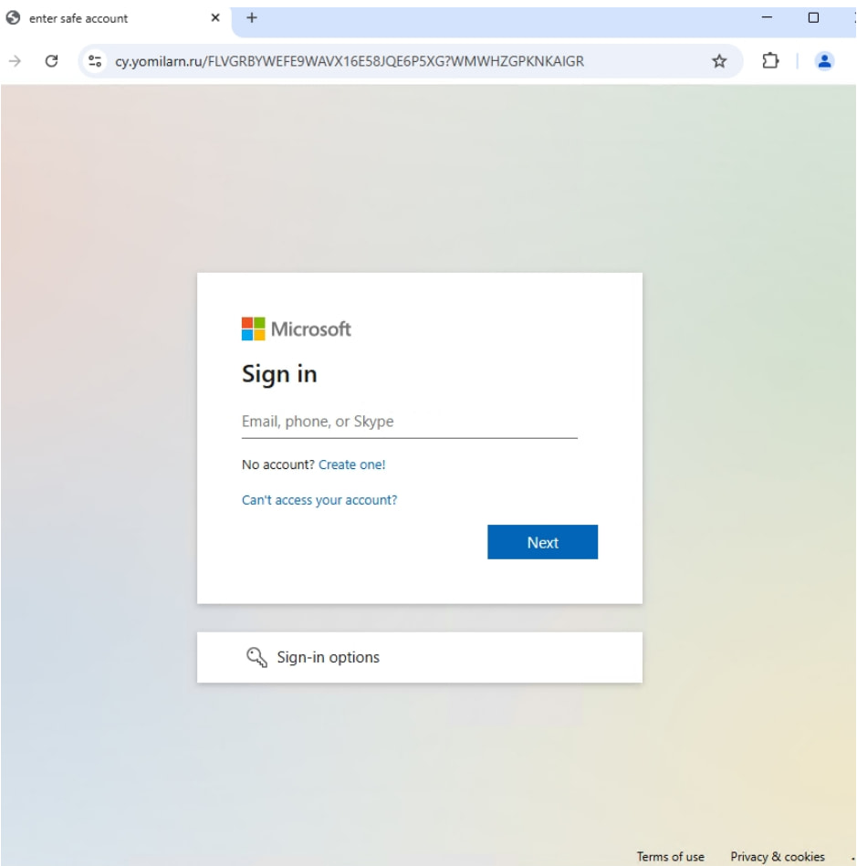 Phishing site targeting Microsoft accounts