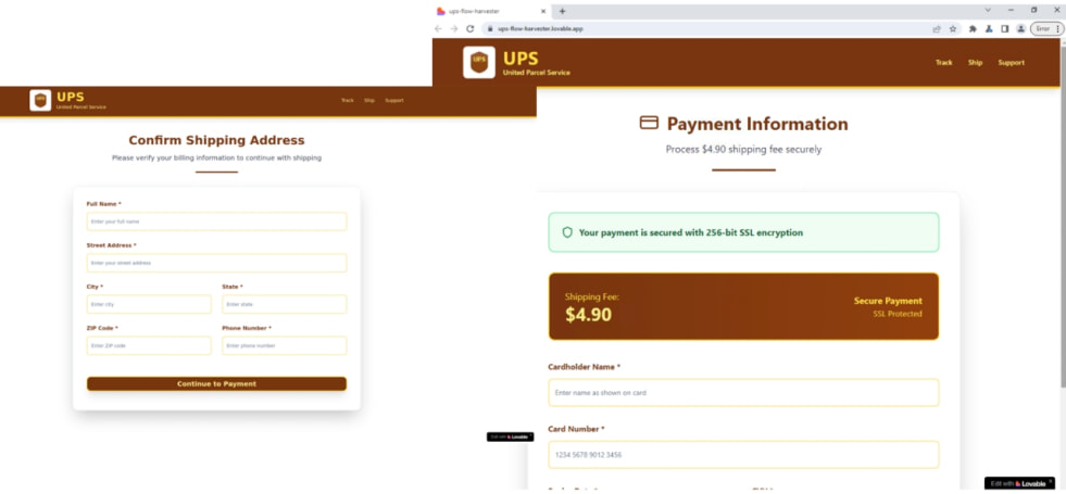 Fake UPS site hosted on Lovable