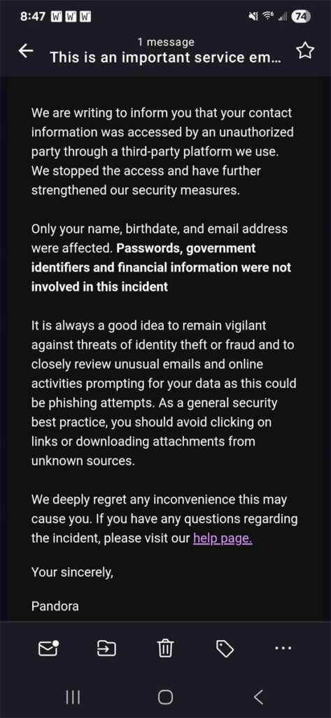Pandora data breach notification
