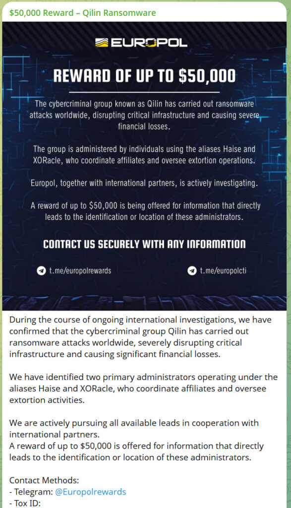 Fake Europol CTI post offering Qilin ransomware bounty