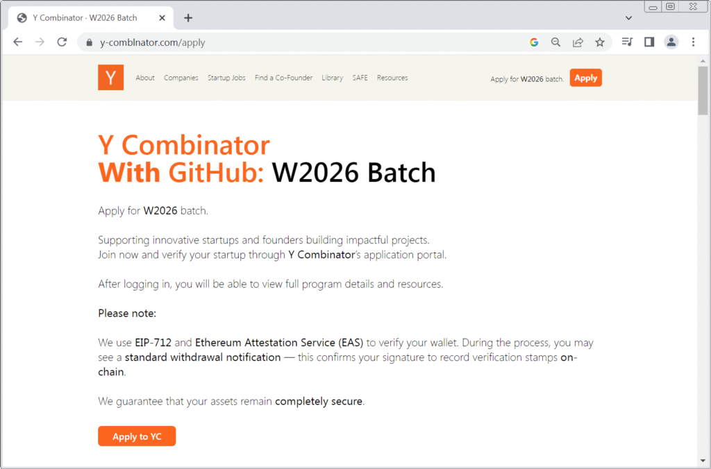 The fake YC application website