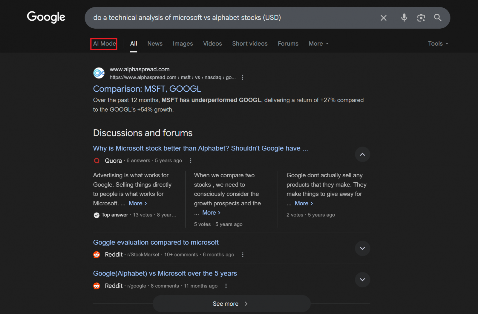 AI mode toggle on search