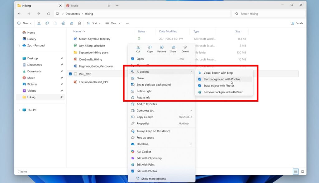 File Explorer AI actions (Microsoft)