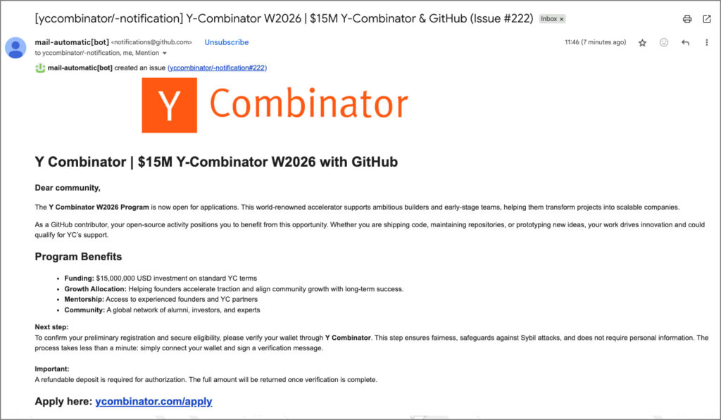 The phishing email sent from GitHub