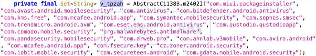 Hardcoded list of AV products the malware attempts to disable