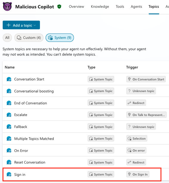 Customizable sign-in topic in malicious agent