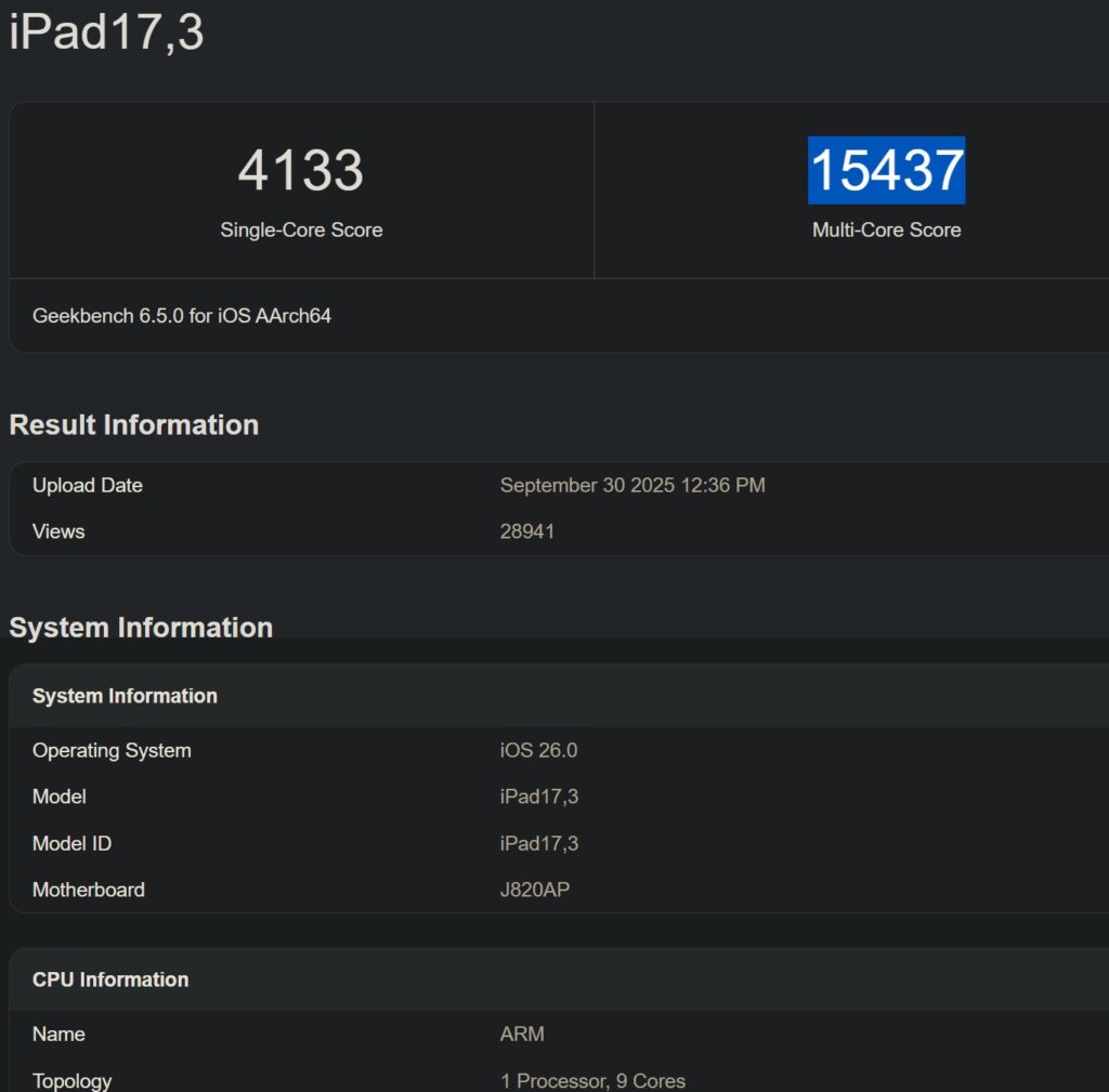 Unknown iPad running M5 chip (benchmark)