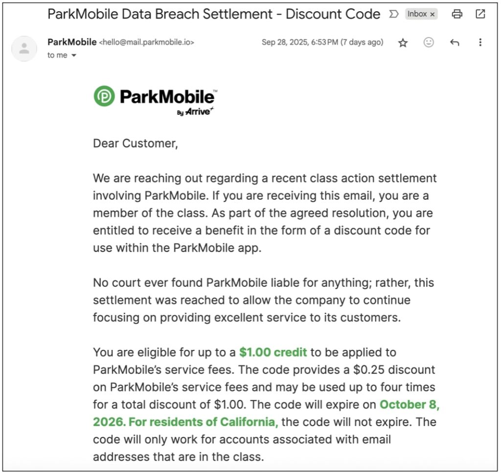 ParkMobile settlement email notification to class action plaintiffs
