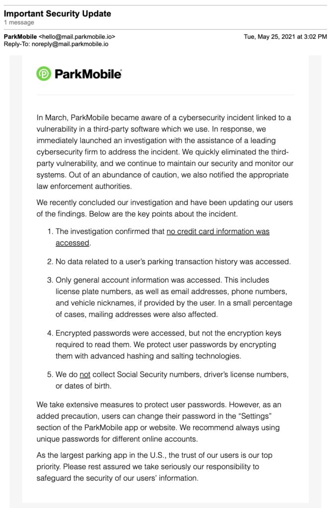 ParkMobile email notification sent out after the 2021 incident