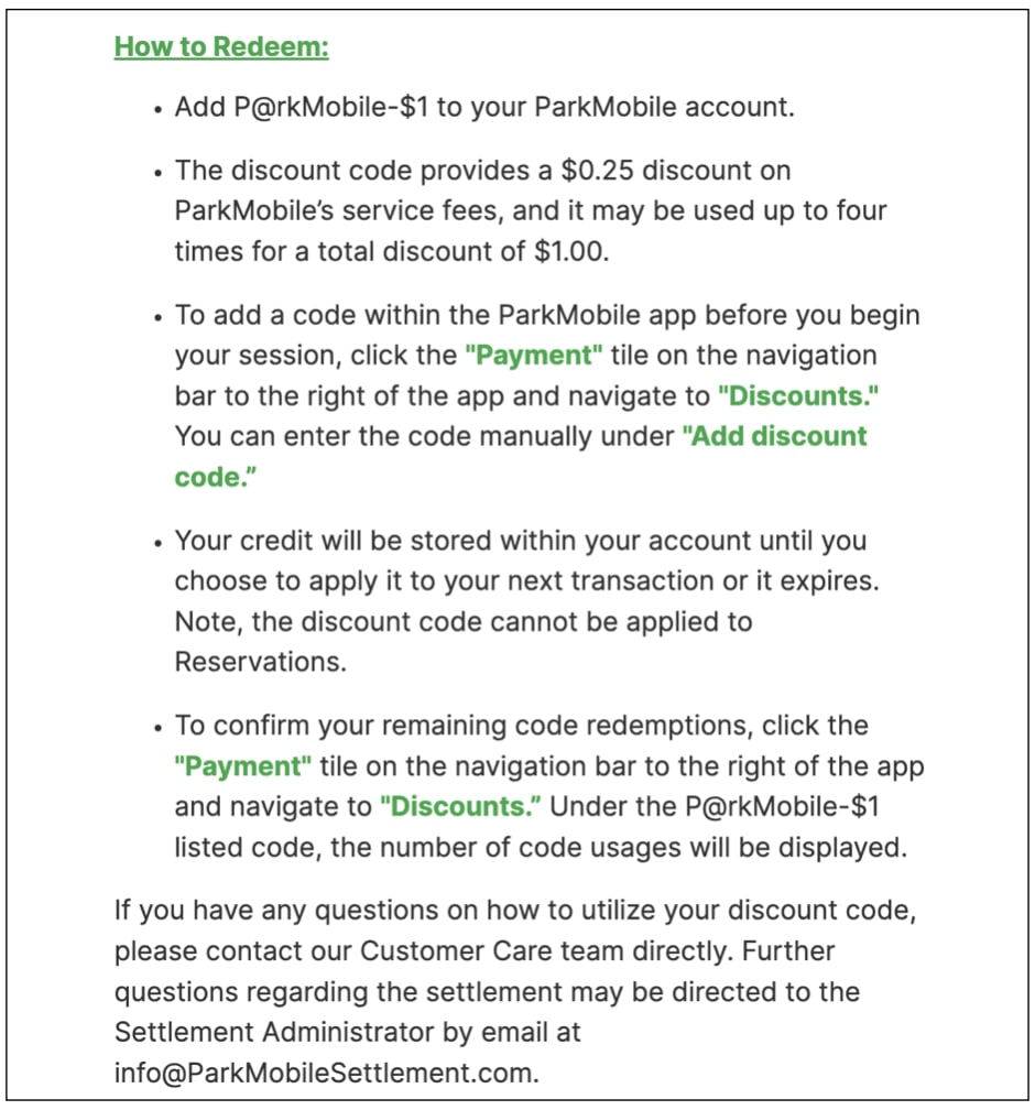 Redemption instructions for 4 x 25 cent ParkMobile credits.