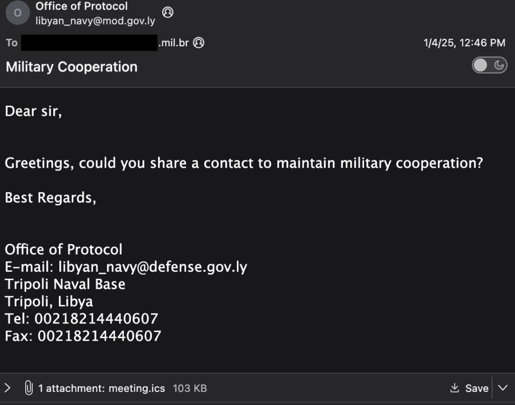 Malicious email sent by the attackers