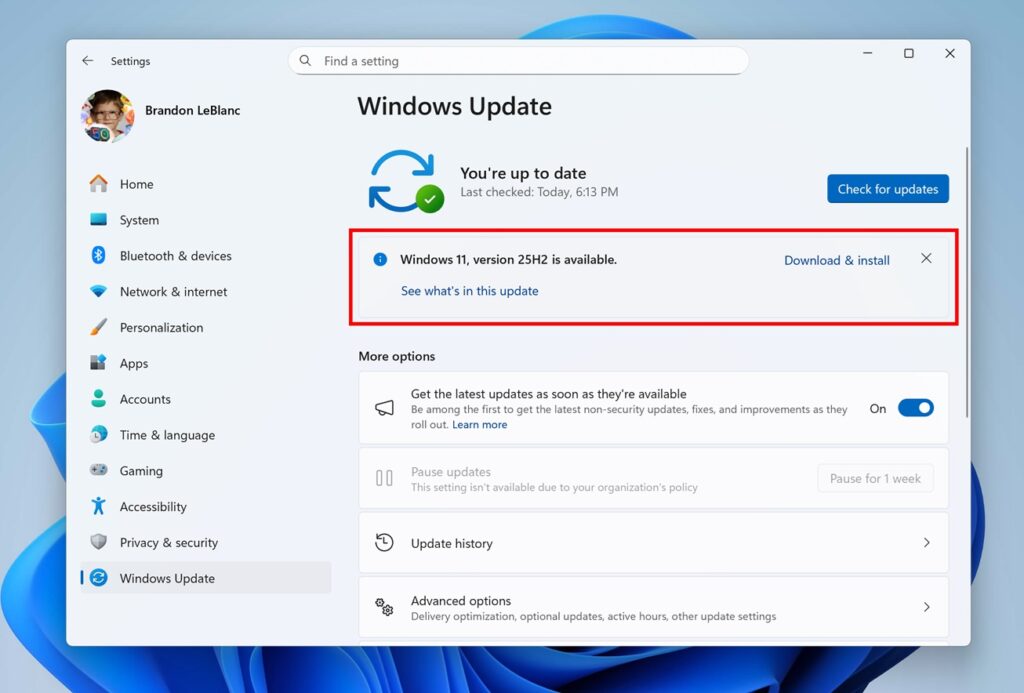 Windows 11 25H2 offered as an optional update