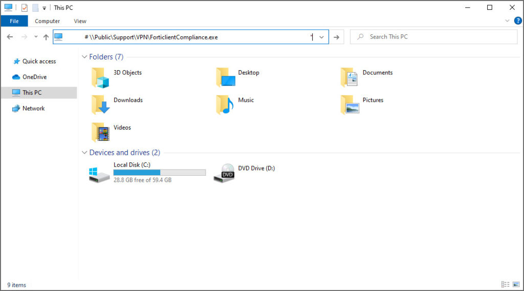 How a copied command appears in File Explorer address bar