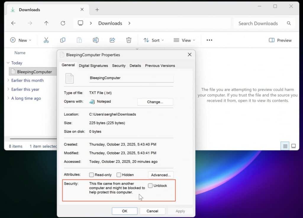 File Explorer preview disabled for file with MotW