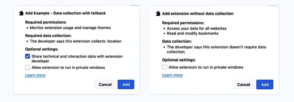 Firefox extensions data collection disclosure (Mozilla)