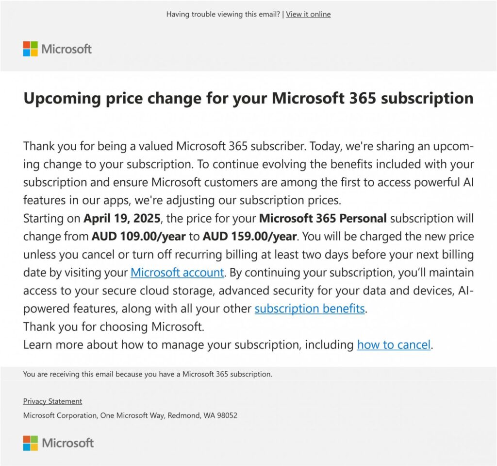 Email Microsoft sent to existing subscribers